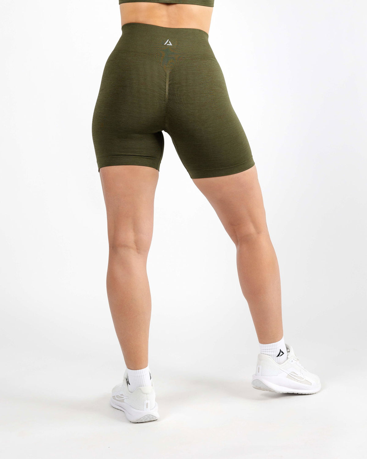 Rear view of Army Green Seamless Shorts showing the scrunch contour detailing and push-up effect.