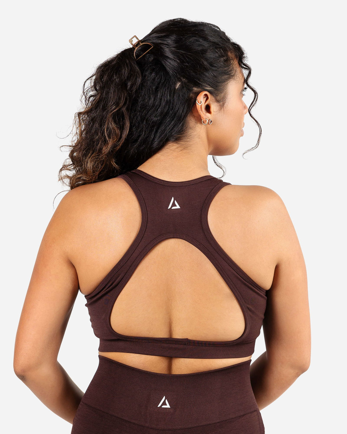 Back view of the Chocolate Brown Racer Back Bra highlighting the keyhole cut-out for airflow and sleek design.