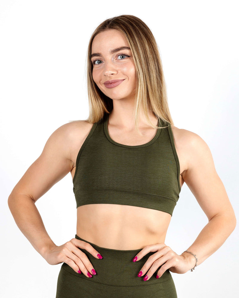 Dual Cross Strap Active Bra in Army Green providing high-impact support with a smooth, high neckline.