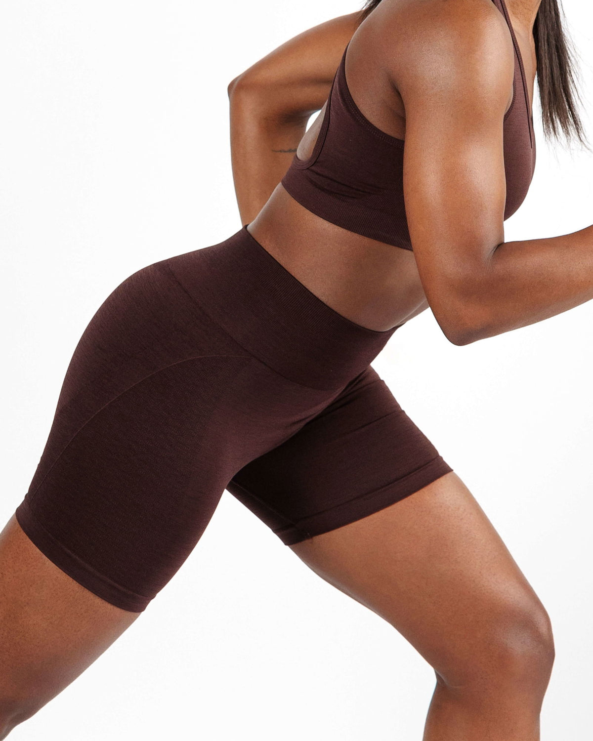 High support Chocolate Brown Sports Bra and matching seamless shorts, designed for high-intensity running and training.