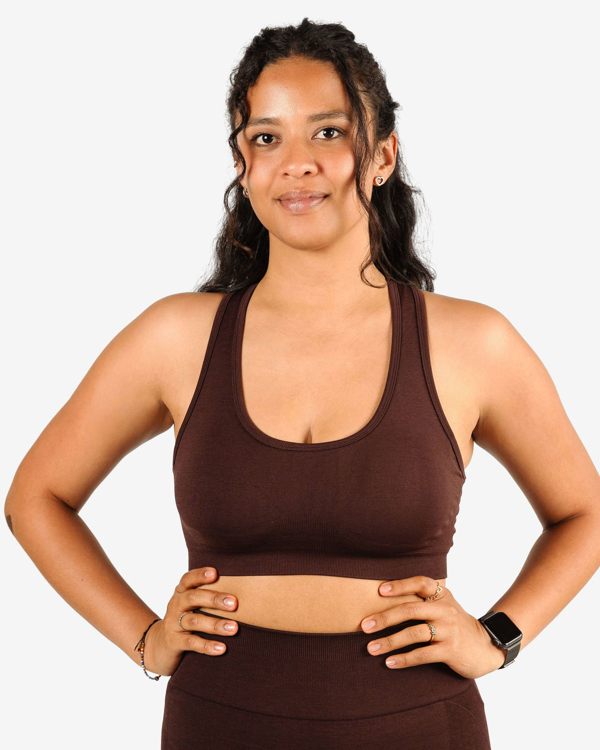 Chocolate Brown Racer Back Sports Bra offering exceptional support and a sculpted fit for active women.