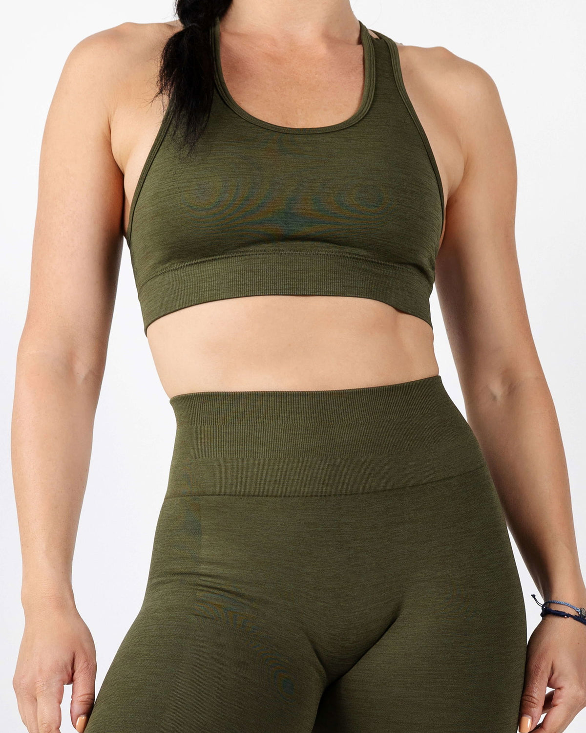 Full body view of the Army Green Seamless Shorts set, designed with second-skin feel and sweat-wicking technology.